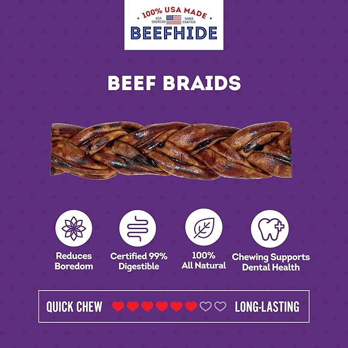 USA Beefhide Braids 7-8" Dog Chew Treats - Beef Flavor, 6 Count/2 Pack