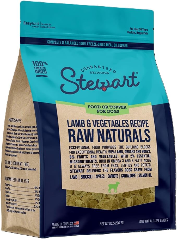 Stewart Raw Naturals Freeze Dried Raw Dog Food or Meal Topper, Lamb & Vegetables Recipe, 8 Ounce Bag, Complete and Balanced Nutrition