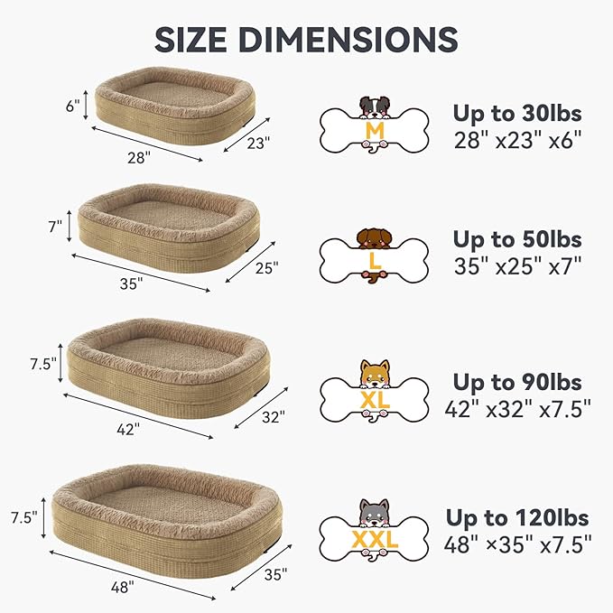 JOEJOY Orthopedic Dog Bed for Extra Large Dogs, Egg-Crate Memory Foam Pet Bed with Bolster Sides, Waterproof Lining, Removable Washable Cover & Non-Slip Bottom, Light Brown