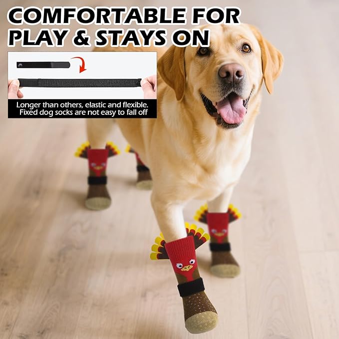 EXPAWLORER Thanksgiving Anti Slip Dog Socks to Prevent Licking Paws,Boots & Paw Protectors with Grippers,Doggie Booties for Hardwood Floors for Small Medium Large Senior Dogs Lifelike Costume Turkey M