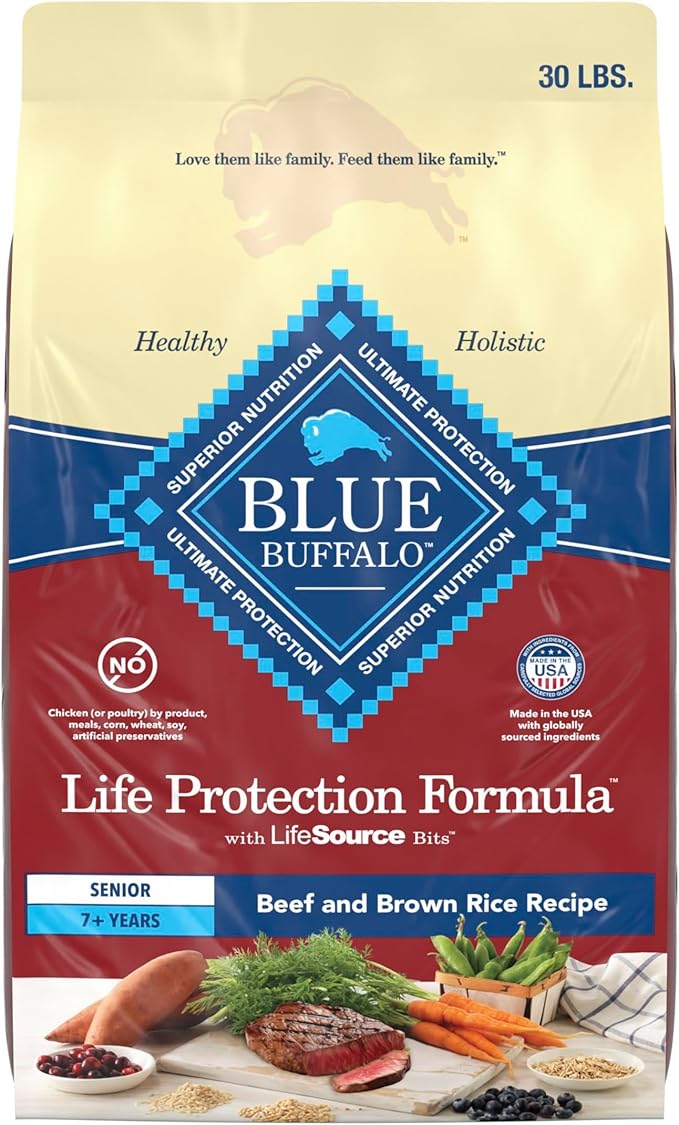 Blue Buffalo Life Protection Formula with LifeSource Bits, Senior 7+ Dry Dog Food, Beef and Brown Rice Recipe, Natural Food for Dogs, 30 lb. Bag