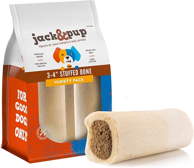 Jack&Pup 3-4" Filled Dog Bones for Small and Large Dogs, Flavored Shin Dog Bones, Long Lasting Stuffed Bones for Dogs, High Protein, Variety Pack - Peanut Butter, Bully Stick, Bacon & Cheese - 3 Pack