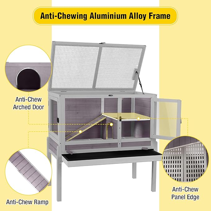 Aivituvin 2-Story Indoor Rabbit Hutch Guinea Pig Cage with Stand, Wooden Bunny Cage Small Animal Cages with Chew-Proof Ramp, Pull-Out Tray & Leakproof PVC Layer (Grey)