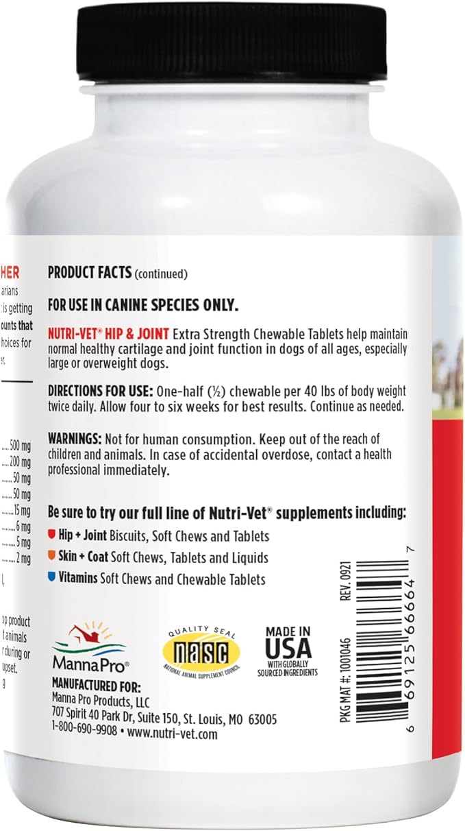 Nutri-Vet Extra Strength Hip & Joint Supplement for Dogs, Puppy Supplements, Dog Joint Supplement, Contains 500mg of Glucosamine, 200mg of Chondroitin, 50mg of MSM, Puppy Essentials, 120 Tablets