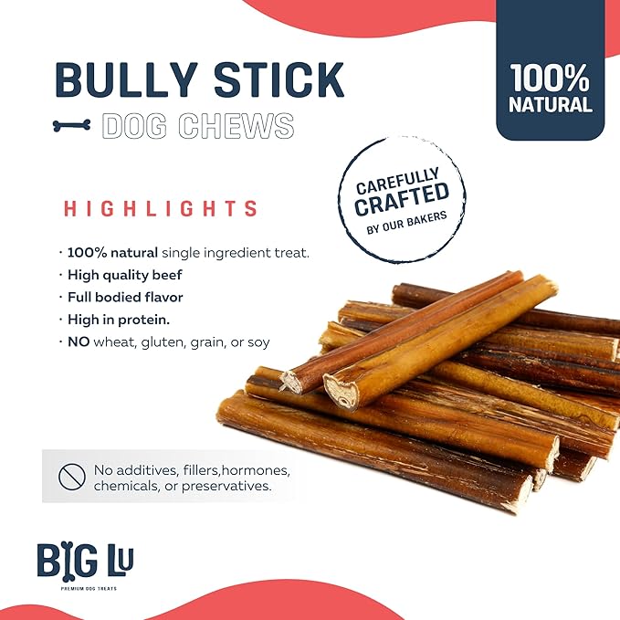 Big Lu - 6” Jumbo Bully Sticks, 10 Count- Thick, Long-Lasting, Grass-Fed Beef Chews for Medium & Large Dogs, Natural Single-Ingredient, Fully Digestible Treats
