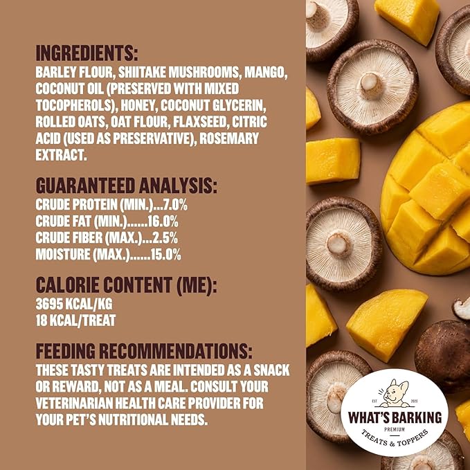 What's Barking Soft Bites, Soft Chewy Dog Treats for Training or Snacking, Pet Essentials, Bite Size Pieces for Dogs, Natural Ingredients, Made in USA, Resealable Bag, Mushroom Mango Flavor, 6 oz