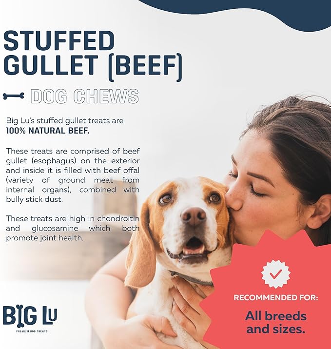 Big Lu - 5-6 Inch Stuffed Beef Jerky Sticks, 10 Count, Premium All-Natural Gullet Chews, High-Protein, Easily Digestible, Supports Dental Health and Joint Mobility