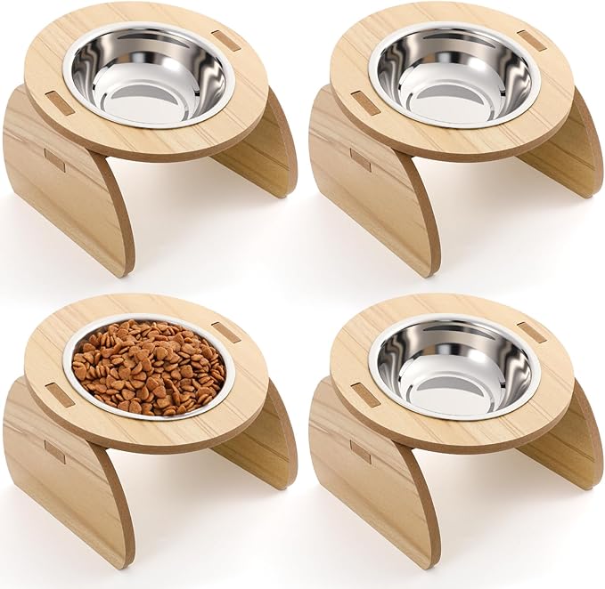 Blushtier 4 Pcs Elevated Stainless Steel Cat Bowls Bamboo Cats Feeding Station Stand, 15°Tilted 5.7 Inches Shallow Wide Raised Metal Cat Bowls for Pet Water Food Shelf Dishes for Indoor Cats Puppy