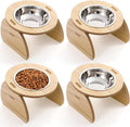 Blushtier 4 Pcs Elevated Stainless Steel Cat Bowls Bamboo Cats Feeding Station Stand, 15°Tilted 5.7 Inches Shallow Wide Raised Metal Cat Bowls for Pet Water Food Shelf Dishes for Indoor Cats Puppy