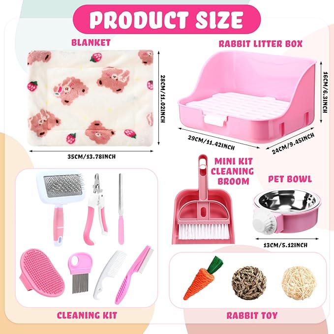 Reallnaive 15 Pcs Rabbit Starter Kit Small Rabbit Litter Box Girls Gift Animal Grooming Kit Bunny Toys Bowl Blankets with Cleaning Set for Guinea Pig Accessories(Pink)