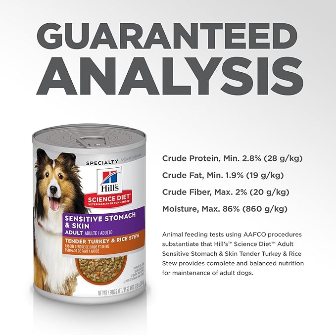 Hill's Science Diet Adult 1-6 Sensitive Stomach & Sensitive Skin Wet Dog Food, Tender Turkey & Rice Stew in Gravy, 12.5 oz. Cans, 12-Pack