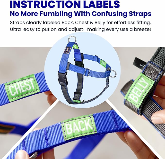 Freedom No Pull Dog Harness, Easy Walk with Two Stainless D-Rings, Front Clip, Comfortable, Sewn-in Instructions Tags for Easy Use, for Large Dogs Weight 60-80 lbs (Blue, L)