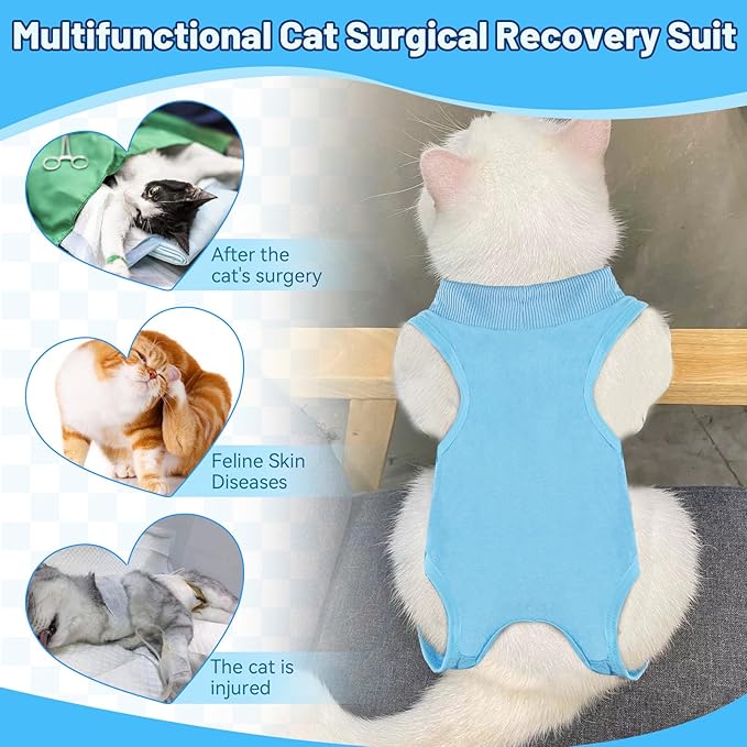 2PCS Blue Breathable Modal Cotton Cat Surgery Recovery Suit - Size L (Fits 8-14Kg), Elastic Lick-Proof Female Cat Onesie with Adjustable Collar, Pet Care for Spay Recovery & Weaning (L)
