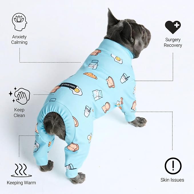 Spark Paws Dog Pajama, Dog Recovery Suit Male, Onesie, Ultra-Soft and 4-Way Stretch, for Small Medium and Large Breeds - Breakfast Blue - 5XL