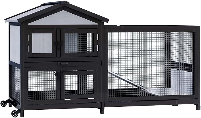 Rabbit Hutch 58" Rabbit Cage Outdoor&Indoor 2-Story Chicken Coop Guinea Pig Cage on Wheels Bunny Cage with 3 Deep No Leakage Pull Out Tray,Waterproof Roof (Black)