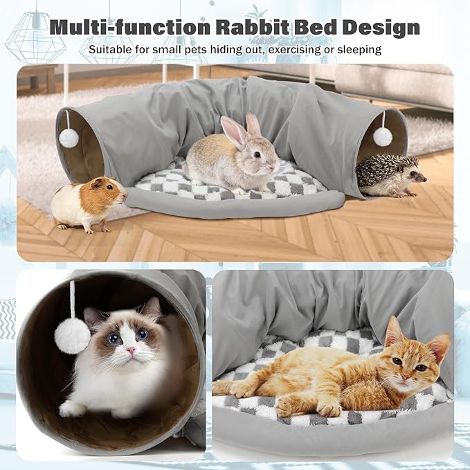 BWOGUE Bunny Tunnel Bed, 2-in-1 Collapsible Tunnel Tubes Toys with Removable Mat Hideout for Cats Kittens Rabbits Guinea Pigs Kitty (Gray)