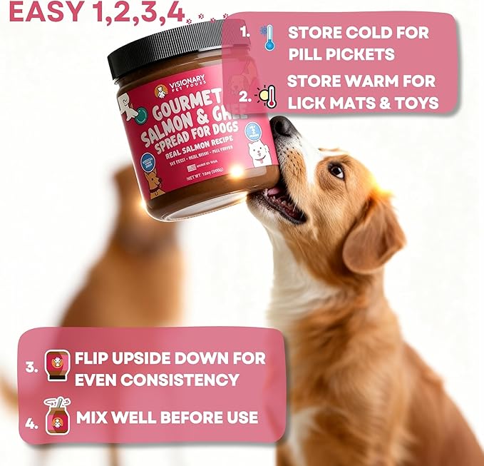 Visionary Pet Foods Salmon Meat Spread - Healthy Dog Treat - Alternative to Dog Peanut Butter, Xylitol Free, No Sugar and Filler Free - Use on Lick Mat, Food Mixer, Pill Pockets - 12oz Jar