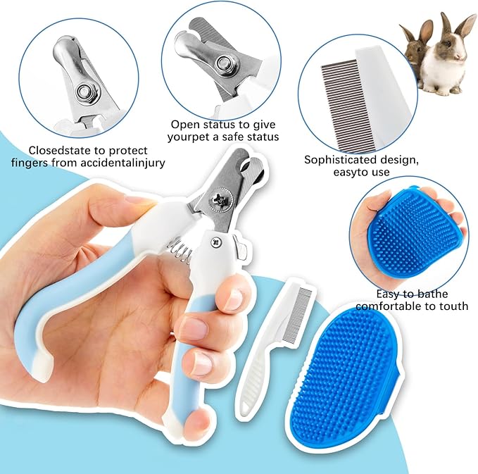 Small Animal Playpen & Grooming Kit, Portable Foldable Pet Playpen with Mesh Top for Rabbits, Guinea Pigs, Hamsters, Hedgehogs, Includes Feeding Bowls, Grooming Tools, and Bedding Mat, Blue