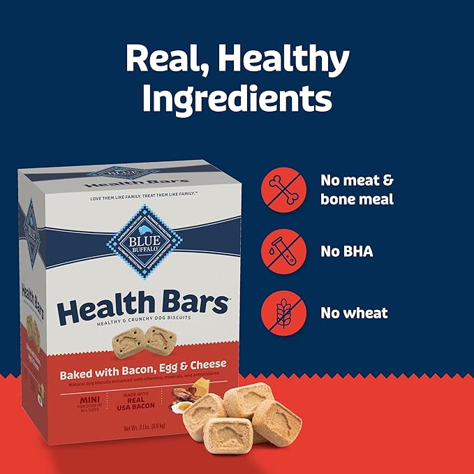 Blue Buffalo Health Bars Mini Crunchy Dog Biscuits, Oven-Baked with Natural Ingredients, Bacon, Egg & Cheese, 32-oz Bag (Pack of 2)