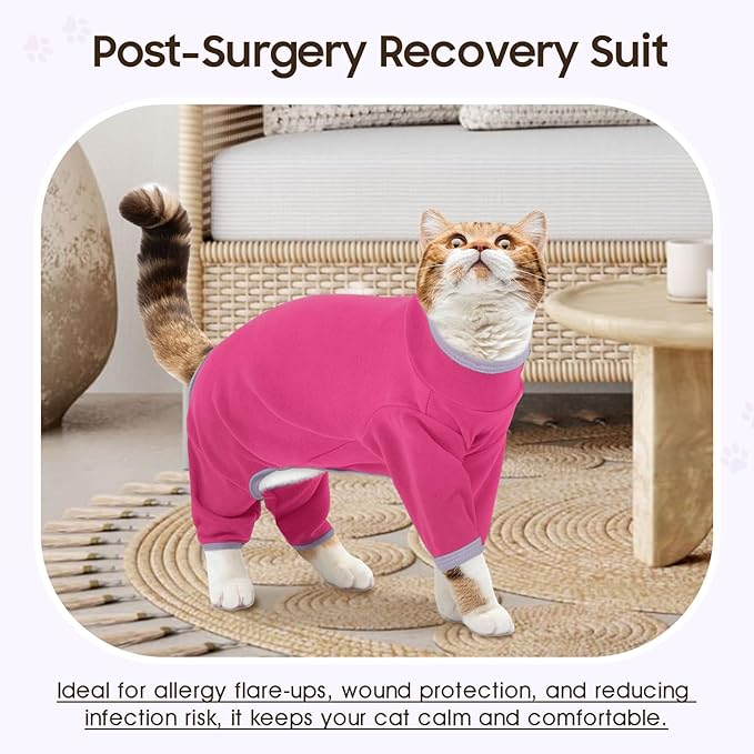 DENTRUN Cat Clothes for Hair Control with Hair Sticky Fabric - Soft Recovery Suit & Breathable Lint-Resistant Cat Sweater for Cats Only, Kitten Onesie Pajamas, S, Bright Pink