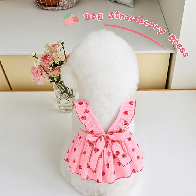 Dog Dress Clothes for Small Dogs Girl with Leash Ring & Bow Cat Dog Outfit Strawberry Printed Pet Cat Apparel Sweet Ruffled Chihuahua Yorkie Puppy Clothes