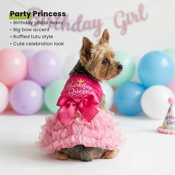 Fitwarm Barkday Queen Dog Tutu Dress, Birthday Clothes for Small Dogs Girl, Pet Outfit, Light Pink, Hot Pink, Small