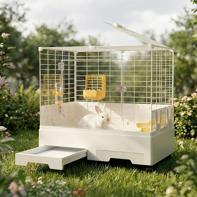 Oneluck Deluxe Rolling Bunny Hutch with Urine Guard,Small Rabbit Cage with Pull Out Tray,Clear Panel for Recording,Easy to Clean