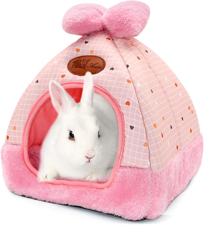 YUEPET Bunny Bed Warm Guinea Pig Cave Beds Cute Bowknot House Big Hideouts Cage Accessorie for Dwarf Rabbits Hamster Bunny Ferrets Rats Hedgehogs Chinchilla (Pink Grid)