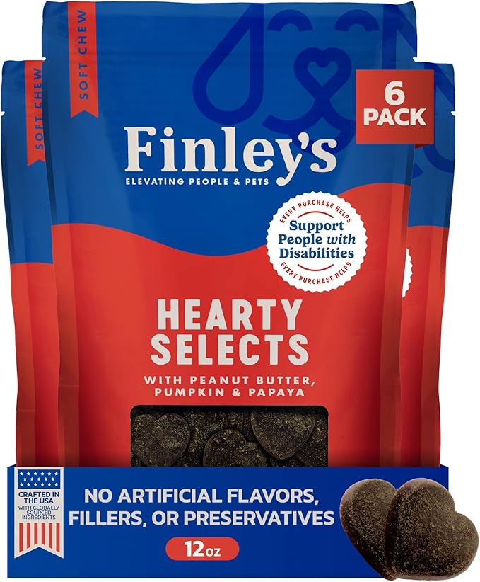 Finley's Peanut Butter & Pumpkin Hearty Bites, Plant Based Dog Treats, Nutrient Packed, Papaya & Flax Seed, Vegan 12oz, 6 Pack