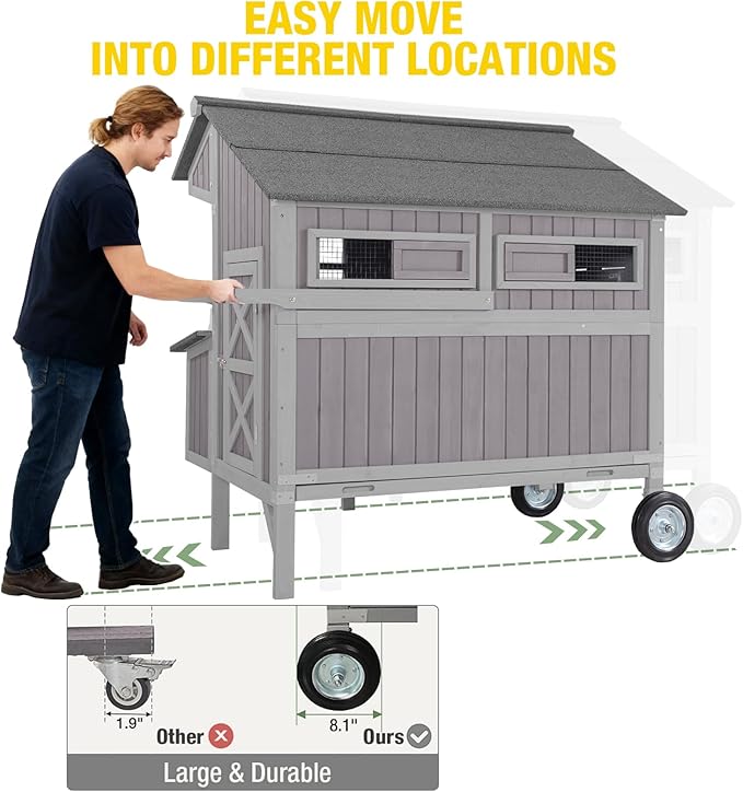 Large Chicken Coop with Wheels, Weatherproof Chicken Tractor with Asphalt Roof, Wooden Poultry Cage with Nesting Box & Removable Tray, Outdoor Hen House for 3-5 Chickens Backyard Farm