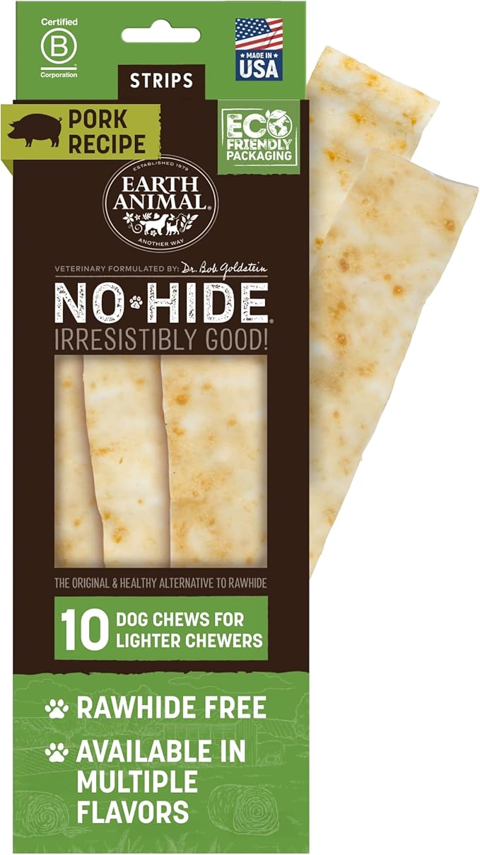 Earth Animal No Hide Strips - Natural Rawhide Free Dog Chew Strips, Pork - 10 Count Value Pack