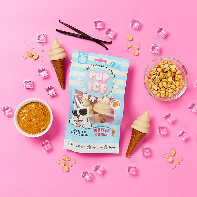 SPOT Pup Ice- Ready to Freeze at Home Dog Treats-Edible Chews for Medium Breed Dogs & Puppies with Real Chicken to Keep Your Pup Cool Year Round, Waffle Cone Vanilla and Peanut Flavor, 2pcs