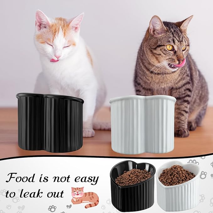 Mumufy 2 Pcs Ceramic Elevated Cat Bowls Tilted Elevated Raised Pet Bowls Anti Vomit Cat Dish for Indoor Stress Free Water Dish Feeder for Puppies, Heart Shaped(Pearly White, Black)