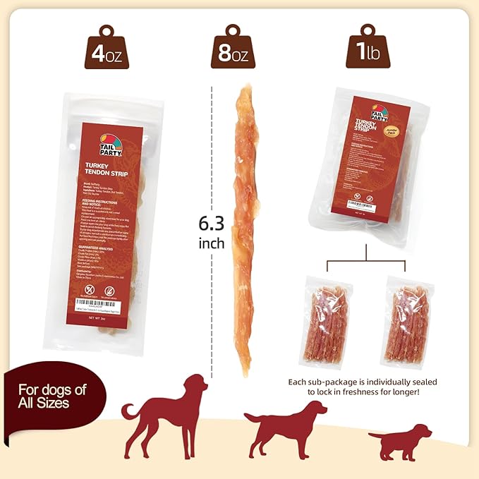 TailParty Turkey Tendons for Dogs with Fish Oil & Taurine: All Natural Dental Chews & Training Treats, Long Lasting Snack for Health-Conscious Pet Owners(Strip, 3 oz)