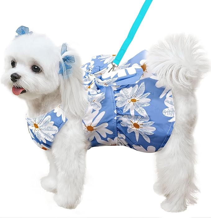 ABRRLO Cute Dog Dress Small Dog Clothes for Girls Female Puppy Outfits Floral Pet Summer Clothes Bowknot Doggy Harness Dress Cat Princess Dresses for Holiday Birthday Party (Blue Daisy, Small)
