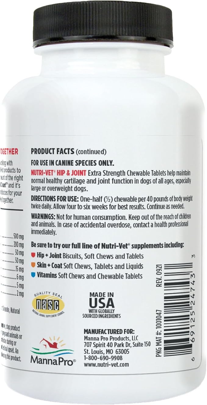 Nutri-Vet Extra Strength Hip & Joint Supplement for Dogs, Puppy Supplements, Dog Joint Supplement, Contains 500mg of Glucosamine, 200mg of Chondroitin, 50mg of MSM, Puppy Essentials, 75 Tablets