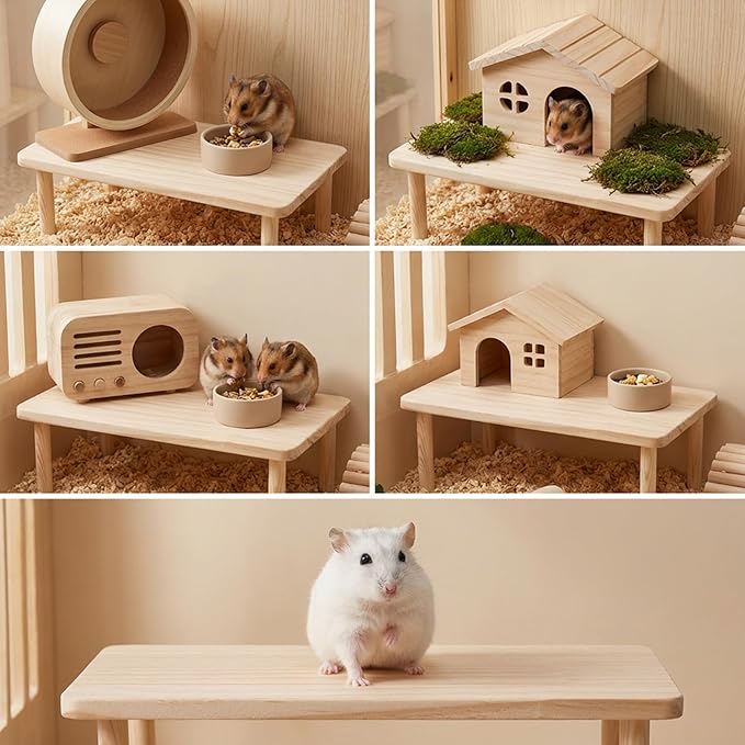 Hamster Play Wooden Platform, 5.51x4.72x4.72in Hamster Cage Platform Small Animal Wood Stand Cage Accessories for Syrian Hamsters Mice Squirrel and Other Small Pets