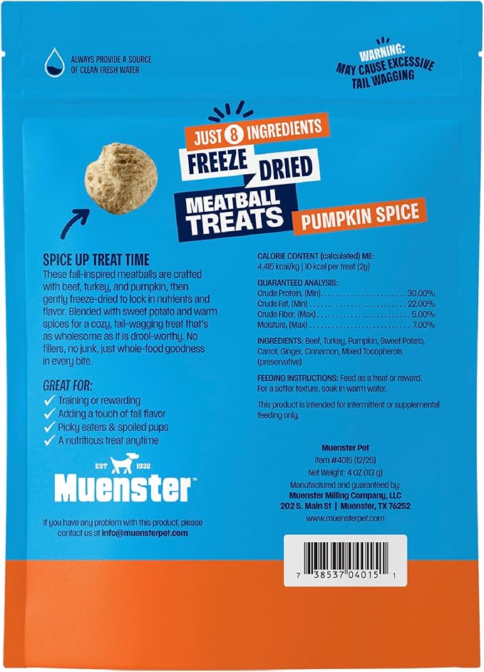 Muenster Freeze Dried Pumpkin Meatball Dog Treats 4 oz - Grain Free, Made in USA