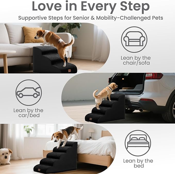 GoGoBunny Ramp Dog Stairs for Couch Sofa and Chair 11.8" H, 2-Step Pet Steps for Small Dogs and Cats, Non-Slip Waterproof Fabric Cover, Stable and Balanced Indoor Step, Pets Friendly, Black