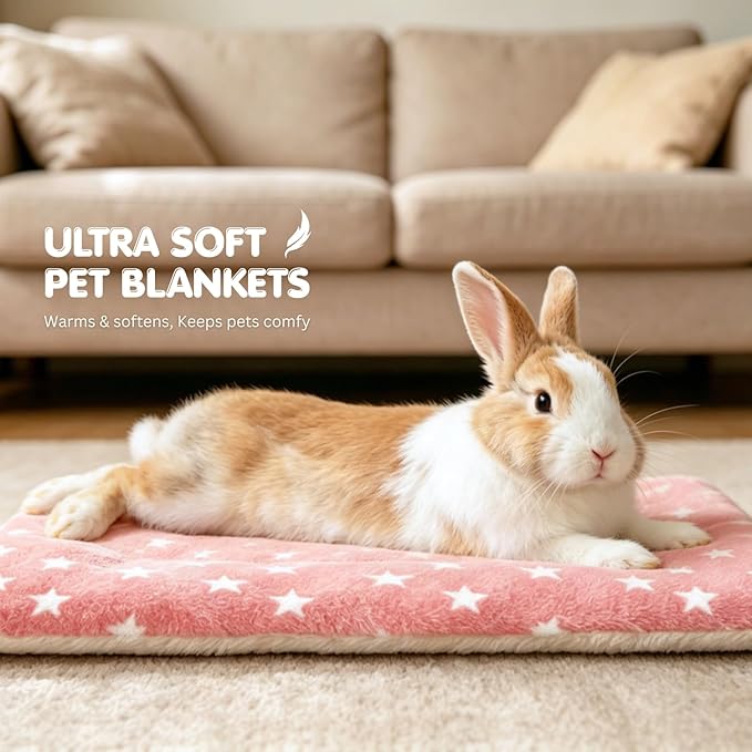 4 Pack Rabbit Bed Mat, 14" x 11" Soft Fluffy Flannel Small Pet Blanket, Washable Sleeping Pad for Guinea Pigs, Bunnies, Star Print - Pink