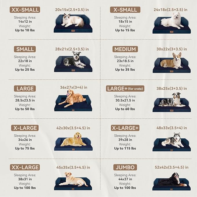 Large Dog Bed Orthopedic Washable - Waterproof with Removable Cover - Memory Foam - Beds Bolster Pet - Couch Sofa - XXL Large Big Dogs - Navy Blue Dog Bed