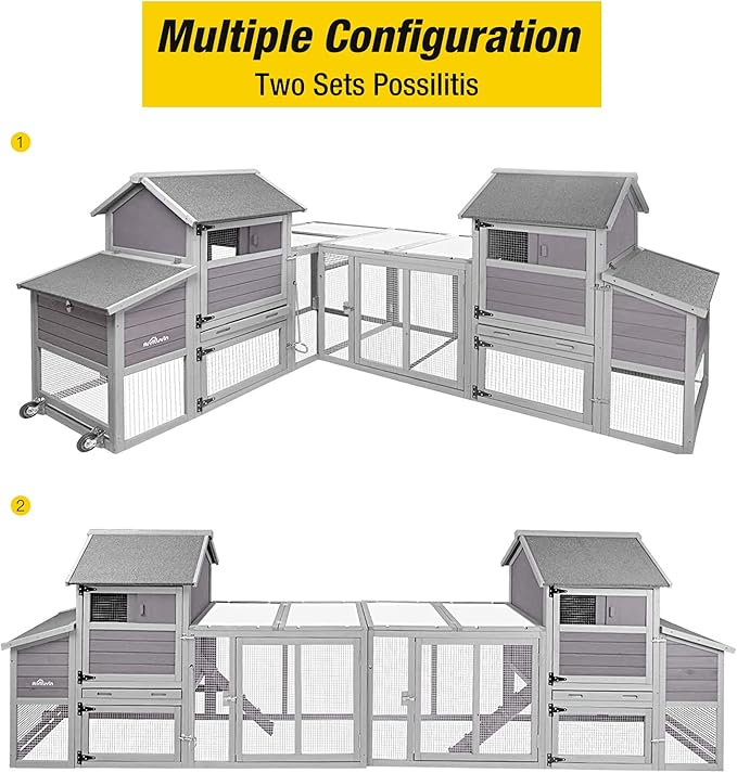 Aivituvin Chicken Coop Outdoor Hen House Wooden Poultry Cage with Wheels,UV Panel,Nest Box, Expandable Coop (Grey, AIR27)