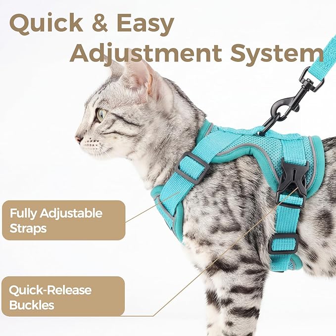 Cat Harness and Leash Set Escape Proof Tactical Small Kitten Harness Emotional Support Cat Vest, Turquoise, S