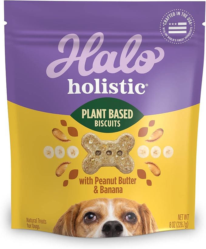 Halo Holistic Vegan Dog Treats, Plant-Based Dog Treat with Oats, Peanut Butter & Banana, Vegan Treat Pouch, 8 Oz bag