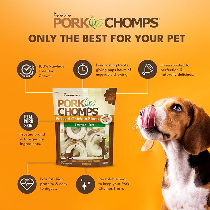 Pork Chomps Pressed Pork Skin Dog Chews, 2.5 Inch Rings, Real Chicken, 8 Count, Pack of 1 - Long-Lasting Treats for Dogs - High Protein, Rawhide-Free, Low Fat, Healthy & Delicious Chews