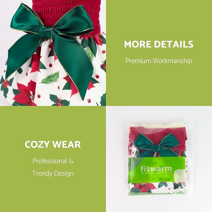 Fitwarm Christmas Poinsettia Flower Dog Turtleneck Dress, Holiday Clothes for Small Dogs Girl, Pet Festive Outfit, Red, White, Medium