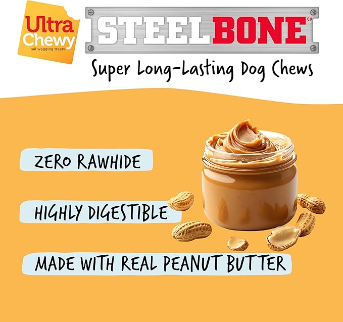 Ultra Chewy Steel Bones X-Large Size Peanut Butter Flavor - Super Long Lasting Dog Chews - Rawhide Free & Highly Digestible - Unique Shape Helps Clean Teeth - Ideal Dog Bones for Aggressive Chewers