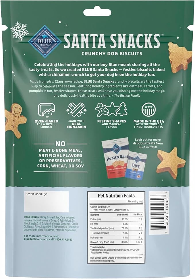 Blue Buffalo Santa Snacks Crunchy Dog Biscuits, Oven-Baked With Natural Ingredients, Oatmeal & Cinnamon, 11-oz Bag