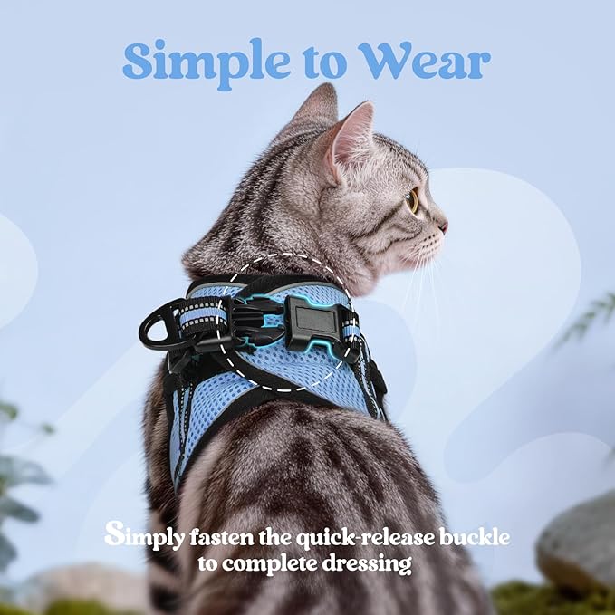 rabbitgoo Cat Harness and Leash Set for Walking Escape Proof, Adjustable Soft Kittens Vest with Reflective Strip for Cats, Comfortable Outdoor Vest, Light Blue, L