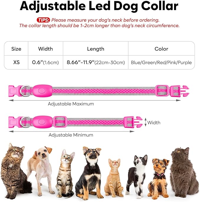 Flashseen LED Dog Collar, Light Up Dog Collar USB Rechargeable, Brightest Dog Lights for Night Walking, Adjustable Dog Collar Light for Dog Safety (Pink, X-Small)